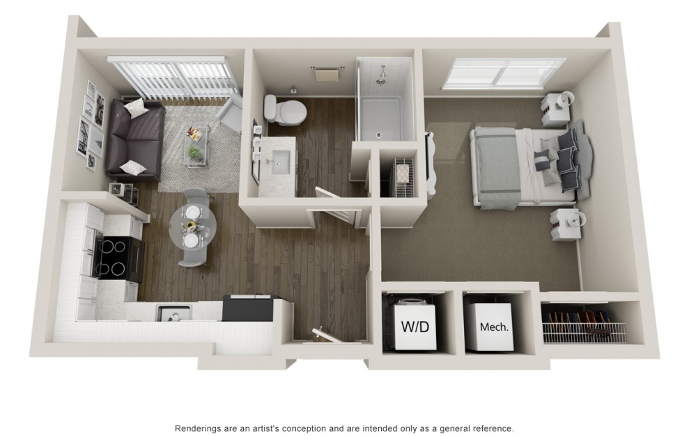 A1 1 bedroom and 1 bathroom 3D apartment floorplan at Jade North Hyde Park
