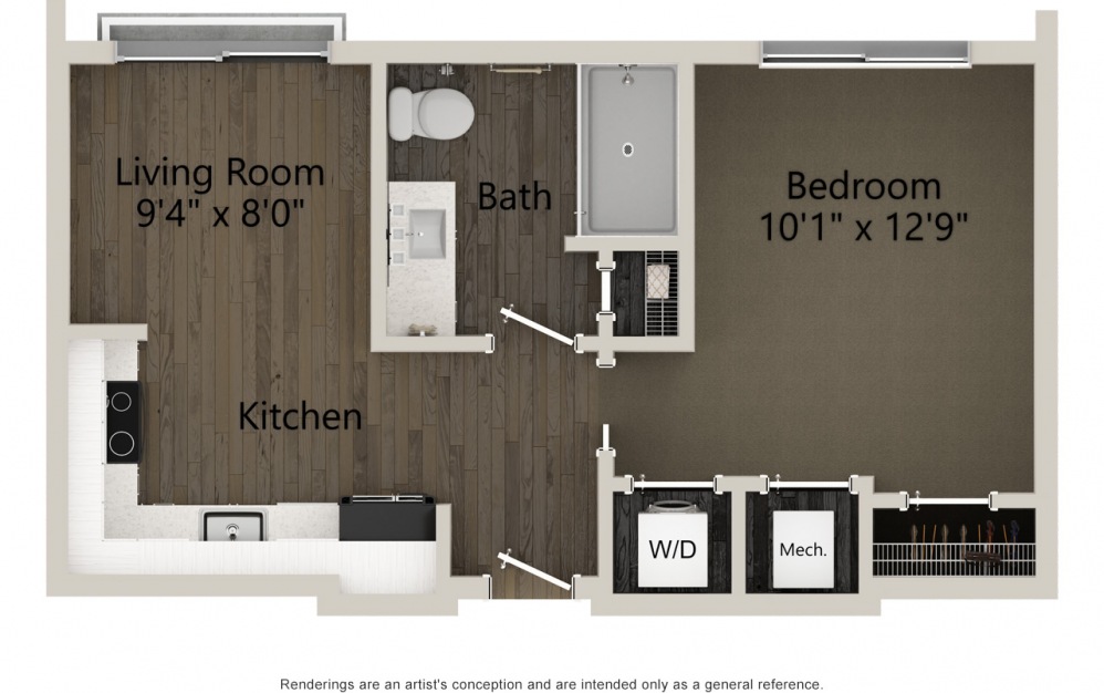 A1A - 1 bedroom floorplan layout with 1 bath and 463 square feet. (2D)