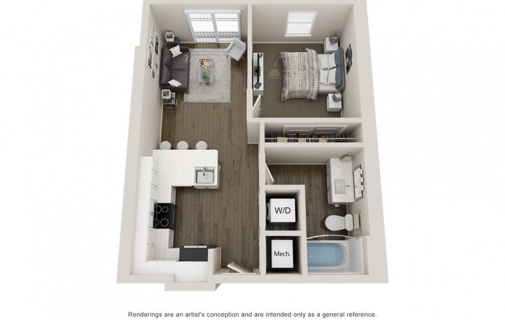 A1B 1 bedroom and 1 bathroom 3D apartment floorplan at Jade North Hyde Park