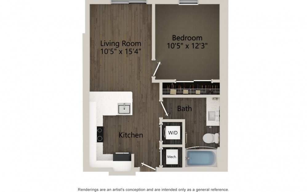 A1B - 1 bedroom floorplan layout with 1 bath and 598 square feet. (2D)