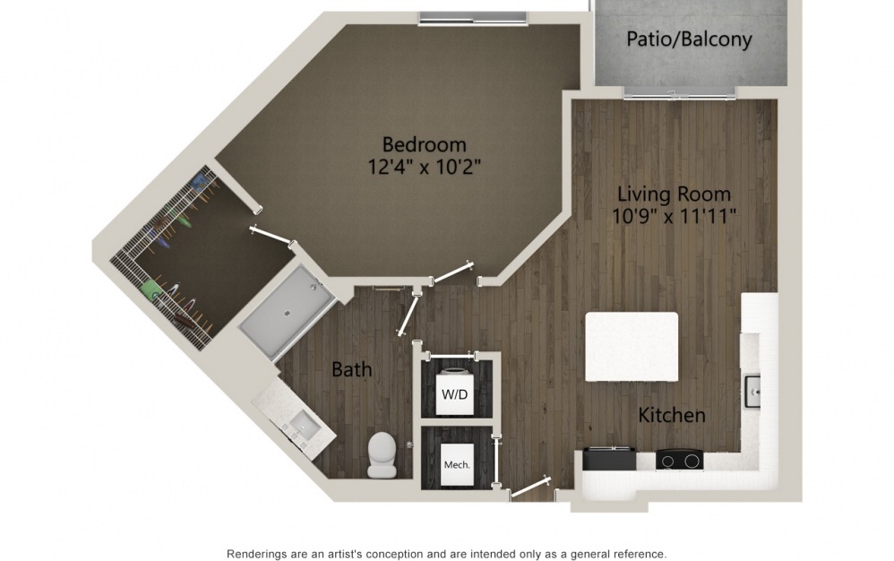 A2 1 bedroom and 1 bathroom 2D apartment floorplan at Jade North Hyde Park