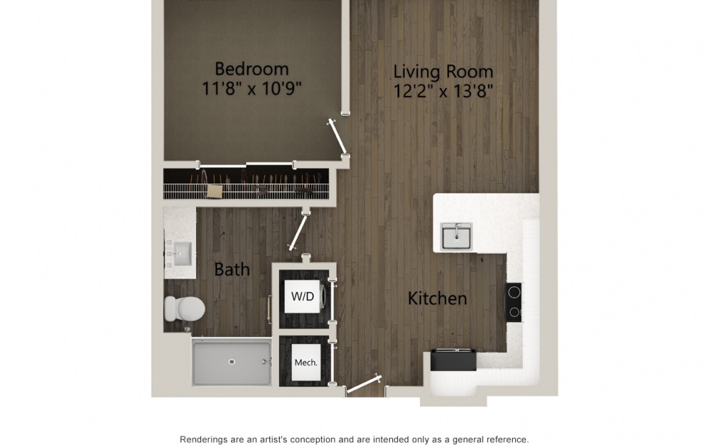 A3 - 1 bedroom floorplan layout with 1 bath and 640 square feet. (2D)