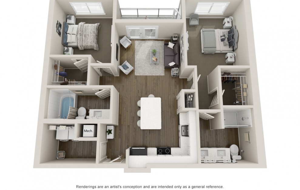 B2 2 bedroom and 2 bathroom 3D apartment floorplan at Jade North Hyde Park