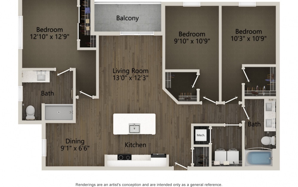 C1R 3 bedroom and 2 bathroom 2D apartment floorplan at Jade North Hyde Park