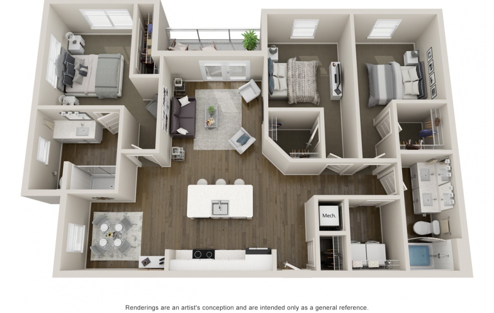 C1R 3 bedroom and 2 bathroom 3D apartment floorplan at Jade North Hyde Park