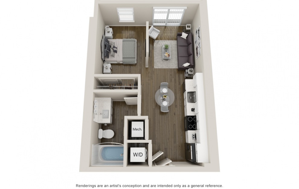 S1 - Studio floorplan layout with 1 bath and 532 square feet. (3D)