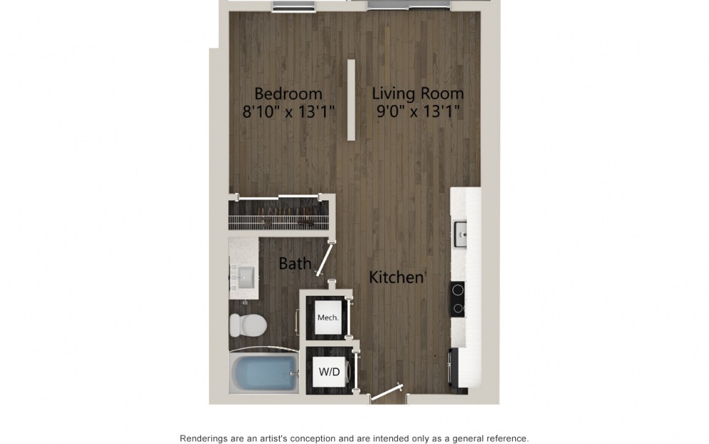 S1 - Studio floorplan layout with 1 bath and 532 square feet. (2D)