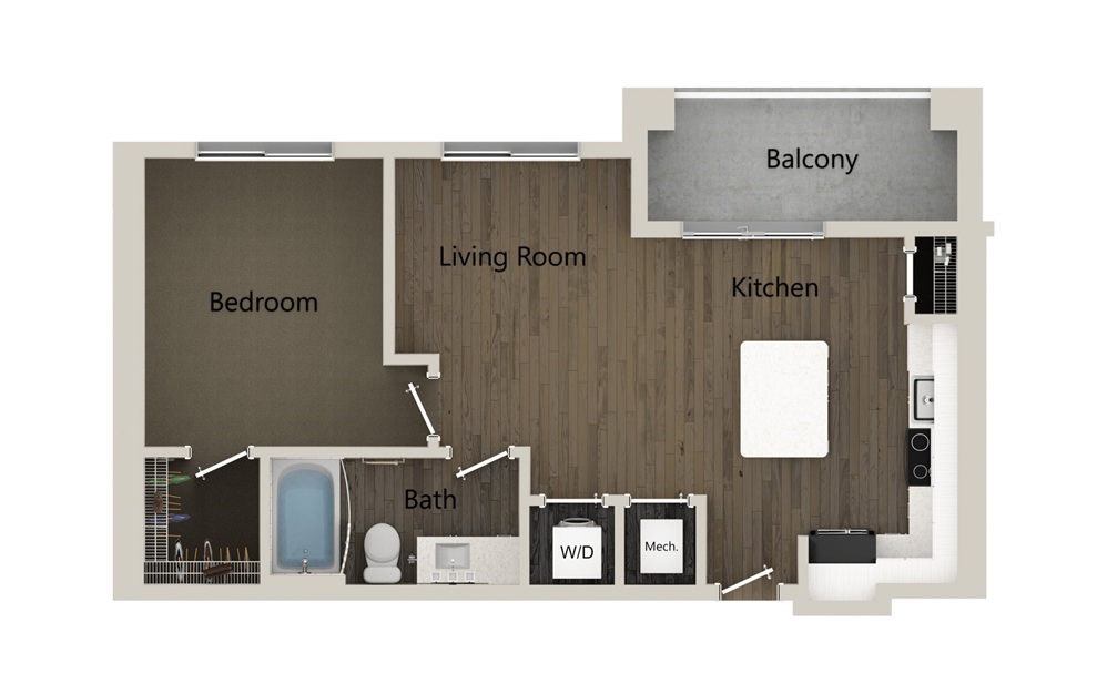 A1 - 1 bedroom floorplan layout with 1 bath and 652 square feet. (2D)