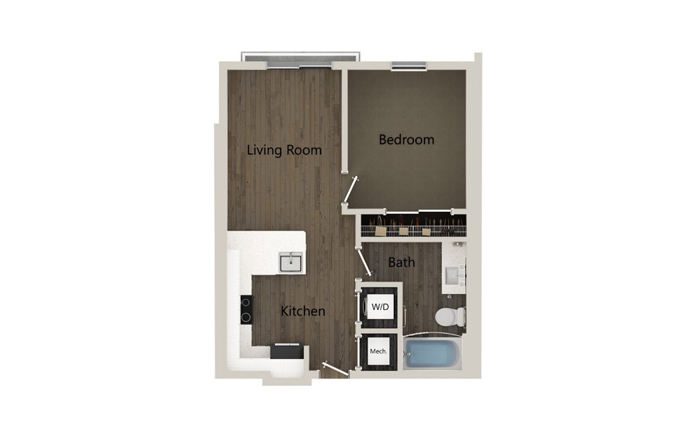 A1B - 1 bedroom floorplan layout with 1 bath and 598 square feet. (2D)