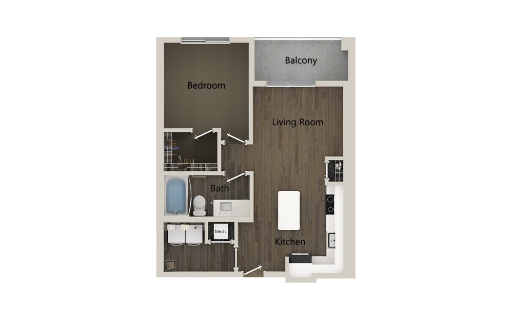 A4 - 1 bedroom floorplan layout with 1 bath and 659 square feet. (2D)