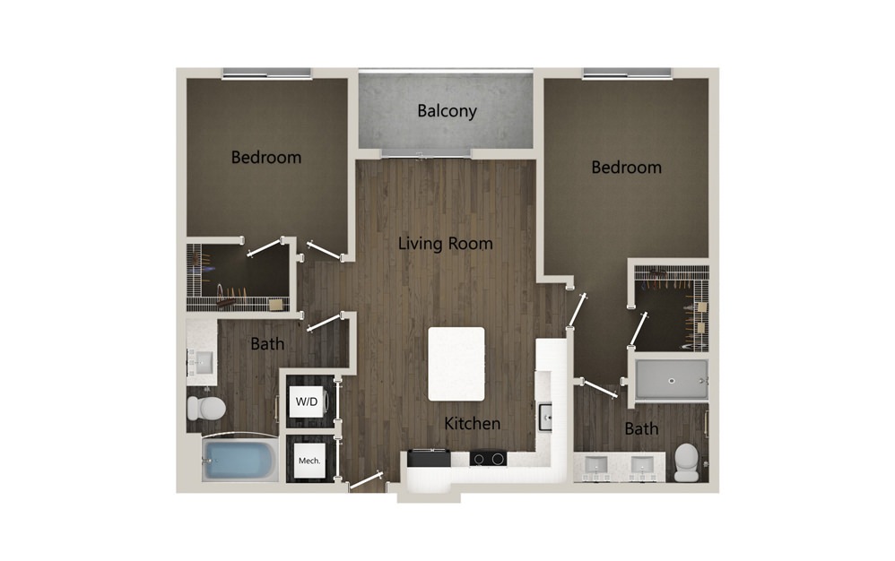B1 - 2 bedroom floorplan layout with 2 baths and 947 square feet. (2D)