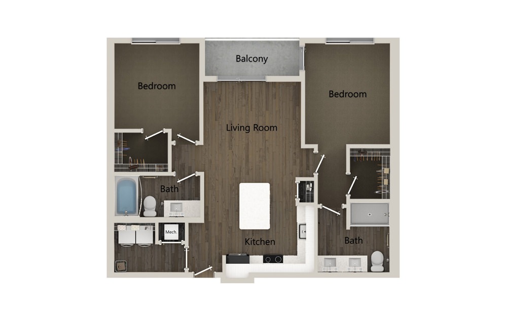 B2 - 2 bedroom floorplan layout with 2 baths and 1027 square feet. (2D)