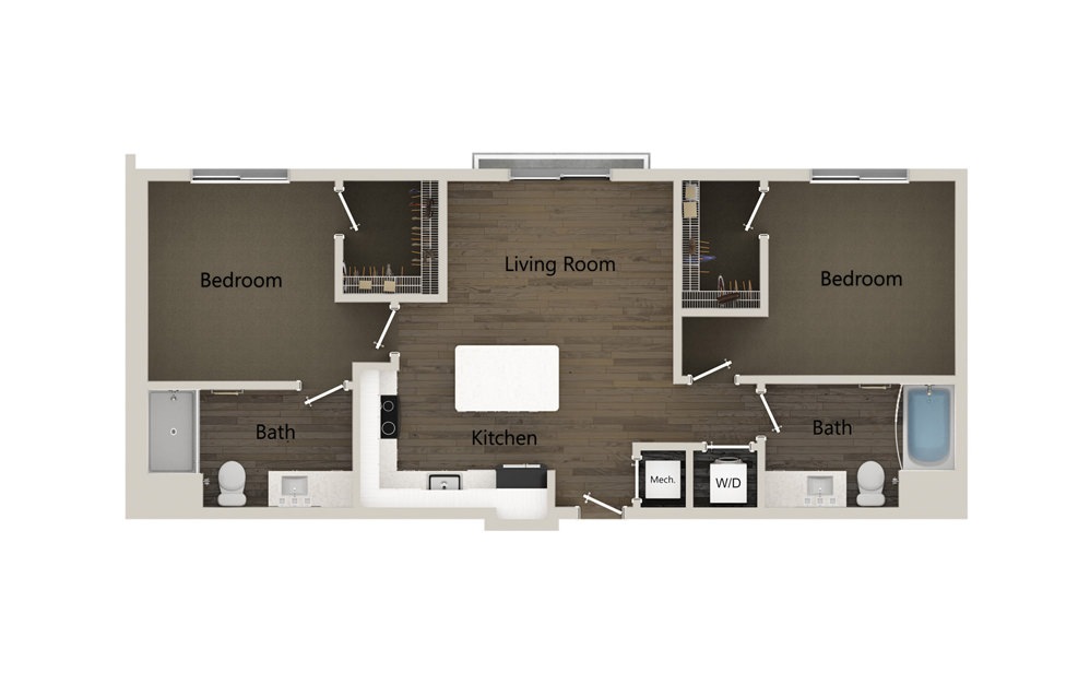 B3 - 2 bedroom floorplan layout with 2 baths and 963 square feet. (2D)