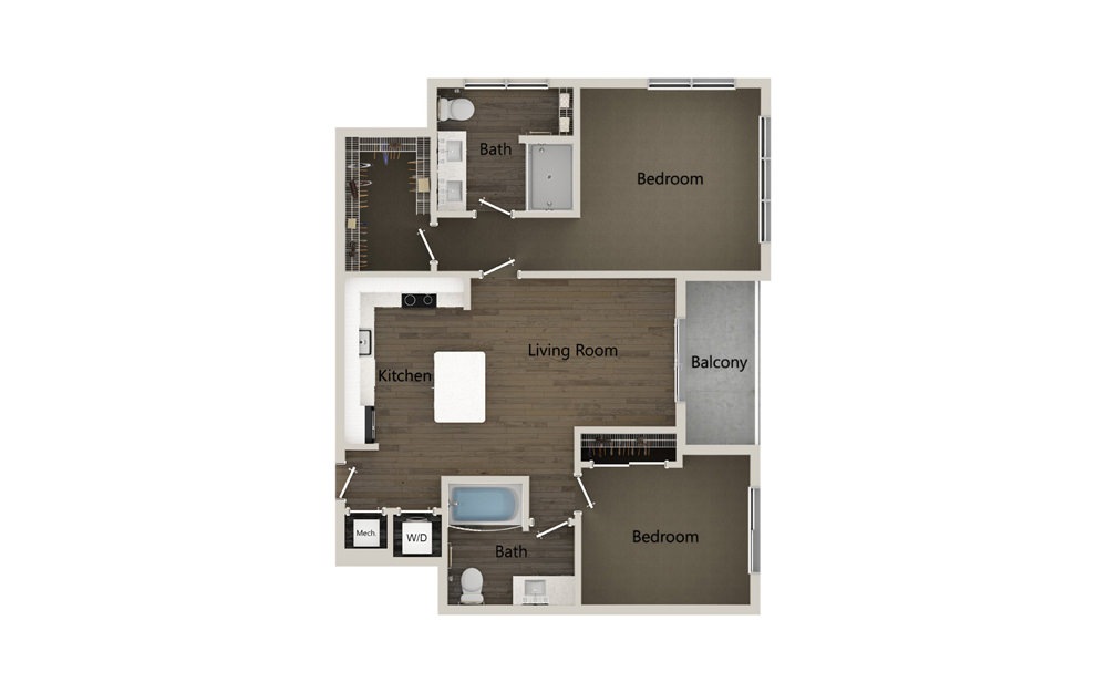 B4 - 2 bedroom floorplan layout with 2 baths and 1032 square feet. (2D)