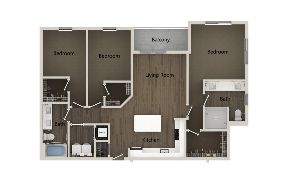 C1 - 3 bedroom floorplan layout with 2 baths and 1328 square feet. (2D)