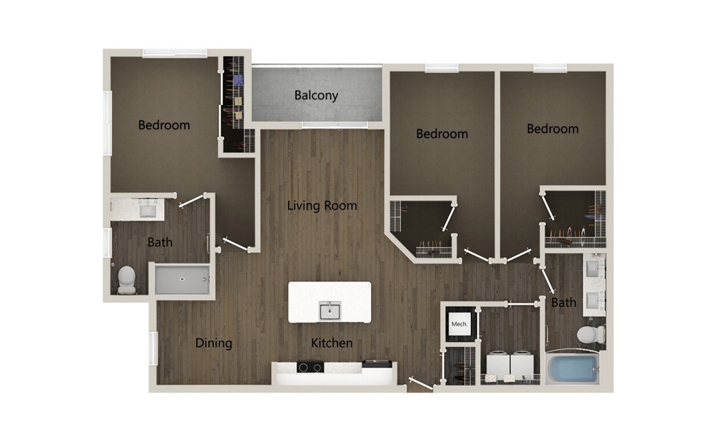 C1R - 3 bedroom floorplan layout with 2 baths and 1328 square feet. (2D)