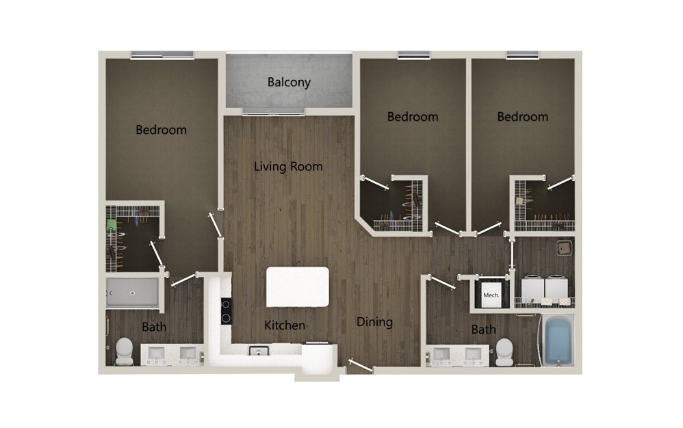 C2 - 3 bedroom floorplan layout with 2 baths and 1284 square feet. (2D)